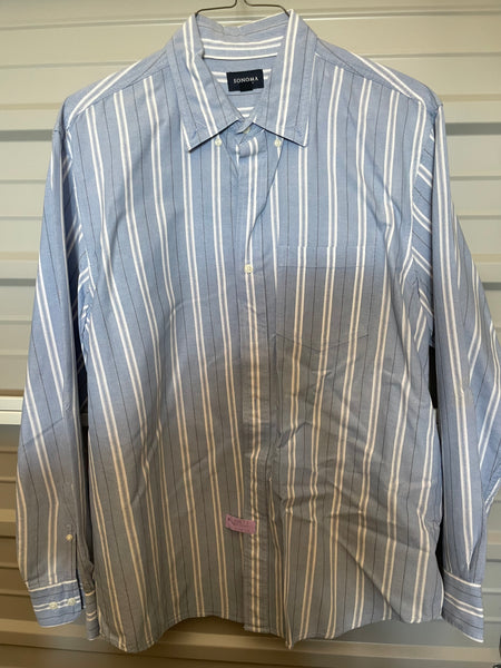* Mens Sonoma Life Style Large White/Black Stripe on Blue Button Down Cotton Long Sleeve Shirt