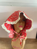 +* Adult Medium/Large Old-Fashion Pioneer Prairie Bonnet Style Sun Hat Blue Flowers on Red with White Trim