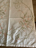 <€€ Vintage White Table Cover Doilie 14” Square Embroidered Floral Cotton