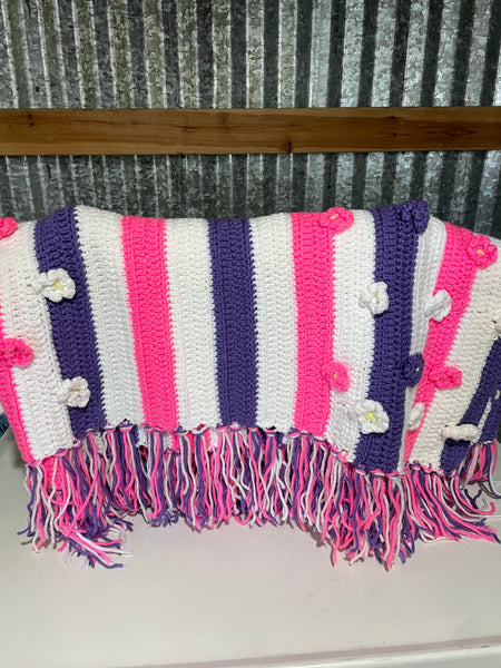 a* Heavy Crocheted Baby Girls Blanket Bed Cover Afghan Pink & Purple on White 54” W x 54” L