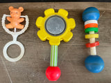 a* Set/3 Vintage 1970s Baby Hand Toys Fisher-Price Flower Mirror, Teether, Rattle