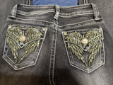+* Womens Juniors Sz 3 Fire and Rain Faded Black Jeans Embellished Wing Pockets Boot Cut