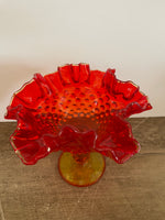 a** [glow?] €^~ Vintage Red & Gold Depression Glass Hobtail Pedestal Compote Dish Ruffle Rim Cadmium Glow
