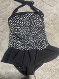 +* Womens Juniors Large By Aqua Green Black & White Swimsuit Neck Tie Ruffled Skirt One Piece