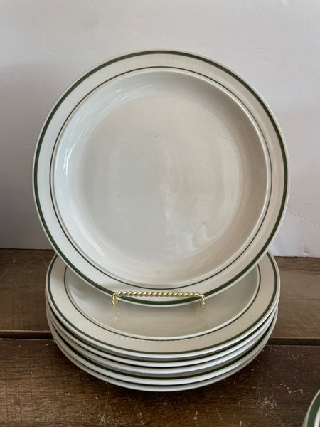 + Vintage Set/6 Gibson Housewares 10” Dinner Plates with Dual Green Rings