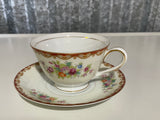 <€€ Vintage 1940s Diamond China ROSLYN Floral Pattern Set/8 Tea Cup & Saucers Japan Gold Rim