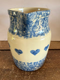 ** Vintage Friendship (FP) Pottery Spongeware Blue Hearts Large 2 Qt Pitcher Roseville Ohio