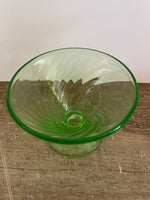 a** [glow?] €*~ Vintage Single Green Swirl Depression Glass Sherbert Dessert Dish 3” H Uranium Glow