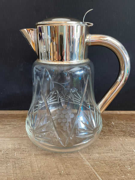 <€€ Large Silver Stainless Top Glass Handled Water Lemonade Pitcher Etched Grapes