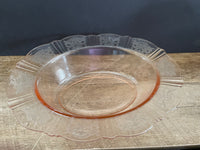 a** Vintage Peach Round Depression Glass Serving Bowl Etched 11”x 8”