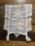 <€€ White Crocheted Doily with 2 tassels 9.5” W x 11” H plus 2.5” Tassel