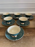 Flintridge China, California Deep Teal Green w/ Platinum Silver Set/6 Tea Cups & Saucers