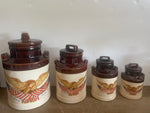 <€€ Vintage AMERICANA SPIRIT of ‘76 1976 Set/4 Crock Canister Set w/ Lids American Eagle