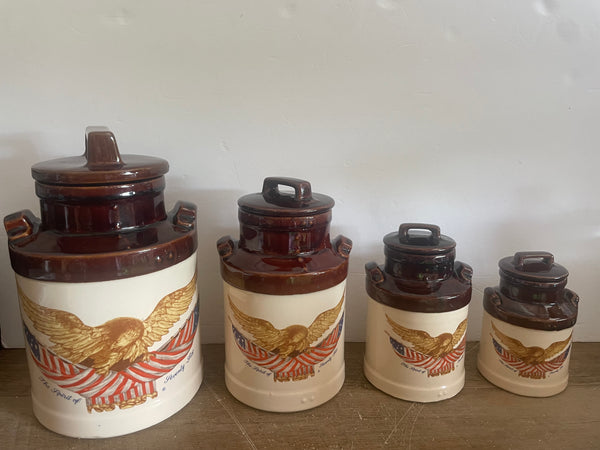 <€€ Vintage AMERICANA SPIRIT of ‘76 1976 Set/4 Crock Canister Set w/ Lids American Eagle