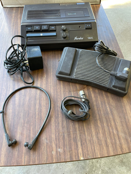 a* Vintage Norelco Dictation Machine #184 Foot Pedal, Earphones (No cord) Powers on