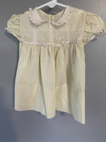 Vintage Infant Baby Girl Light Yellow Dress Lace Trimmed Collar, Sleeves & Bodice