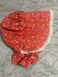 +^ Medium/Large Old-Fashion Pioneer Prairie Bonnet Style Sun Hat Blue Flowers on Red with White Trim