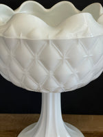 <€€ Vintage Indiana Large 9” H White Milk Glass Compote Candy Bowl Quilted Diamond Star