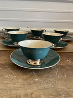 Flintridge China, California Deep Teal Green w/ Platinum Silver Set/6 Tea Cups & Saucers