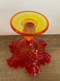 a** [glow?] €^~ Vintage Red & Gold Depression Glass Hobtail Pedestal Compote Dish Ruffle Rim Cadmium Glow