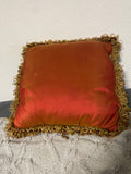 +* Square 17” Raised Velour Floral on Satiny Pillow Gold & Pinkish Red Zipper Closure Looped Fringe