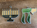 <€€ Jewish Holiday Hanukkah Set of 2 Faux Stain Glass Ornaments Menorah