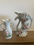 <€€ Vintage Set/2 White Ceramic Bud Vases Thames Japan Gold Gilt Hand Painted Pink Roses