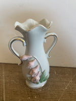 <€€ Vintage Set/2 White Ceramic Bud Vases THAMES Japan Gold Gilt Hand Painted Pink Roses