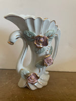 <€€ Vintage Set/2 White Ceramic Bud Vases THAMES Japan Gold Gilt Hand Painted Pink Roses