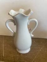 <€€ Vintage Set/2 White Ceramic Bud Vases THAMES Japan Gold Gilt Hand Painted Pink Roses