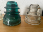 <€€ Vintage Set/3 4” Green & Clear Glass Hemingray USA Railroad Telephone Pole Insulators #42 #45