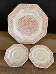 (Add) <€€ Independence Ironstone 10.5” Dinner Plate & 2 Saucers Mary Jane Pink Floral Octagon