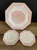 (Add) <€€ Independence Ironstone 10.5” Dinner Plate & 2 Saucers Mary Jane Pink Floral Octagon