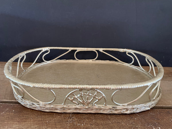 (Add) <€€ Decorative Gold Wicker Serving Tray w/ Wood Bottom Paintable Perfume Display