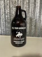 a** Brown Glass Jug 1.89 Liter Cowboys Birmingham Alabama Fill Your Growler Finger Loop