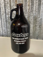 a** Brown Glass Jug 1.89 Liter Cowboys Birmingham Alabama Fill Your Growler Finger Loop