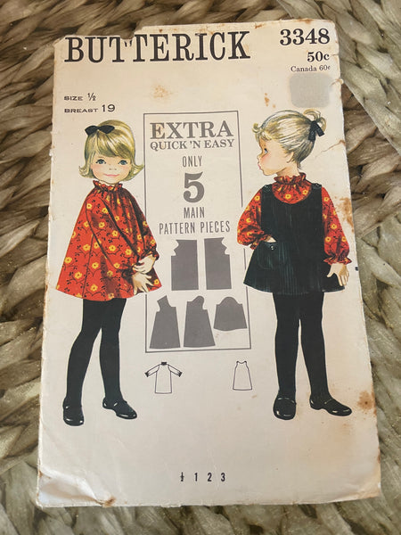 € Butterick Vintage Pattern 3348 Girls Sz 1/2 Elastic Neckline Dress A-Line Jumper CUT Ephemera