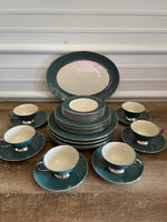 Flintridge China, California Deep Teal Green w/ Platinum Silver Set/6 8.25” Salad/Dessert Plates