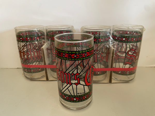 a** Vintage Set of 5 Seasons Greeting Christmas Juice Eggnog Glasses Poinsettia Stain Glass Design