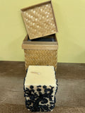 a** New 4” Pillar CANDLE  Black Raised Scroll on Ivory Cube Volcanica #101 Unscented Handcrafted Gift Box