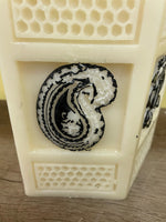a** New 4” Pillar Candle Black Raised Paisley on Ivory Polygon Volcanica #9562 Unscented Handcrafted