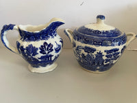 € Antique 75 Allertons Willow Blue Sugar Bowl and Creamer Set England Rare