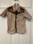 Vintage Girls Large Sz 10/12 Country Western Brown & White Plaid Blouse Gold Embroidery Button Up
