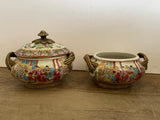 a** Vintage Pair Chinese Bowls with Plates Braided Brass Handles Zhongguo Jindezhen Zhuhai