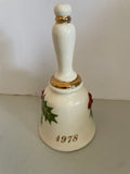 a** Vintage 1978 Ceramic Christmas Holiday Ivory Hand Ringing Bell Holly Leaves Gold Gilt