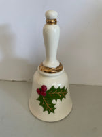 a** Vintage 1978 Ceramic Christmas Holiday Ivory Hand Ringing Bell Holly Leaves Gold Gilt