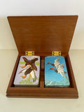 a** Vintage Monogrammed “JFG” Lidded Wood Box with 2 Pairs of Deck of Cards Ducks