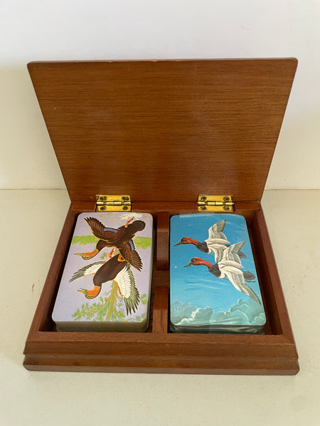 * Vintage Monogrammed “JFG” Lidded Wood Box with 2 Pairs of Deck of Cards Ducks