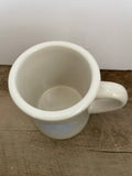 a** MWare Coffee Tea Cup Mug White with Blue “Bread” Logo Stoneware