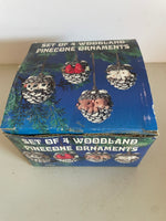 a** Vintage Woodland Pinecone Ornaments Christmas Holiday Lot of 4 Bird, Squirrel, Bunny, Raccoon